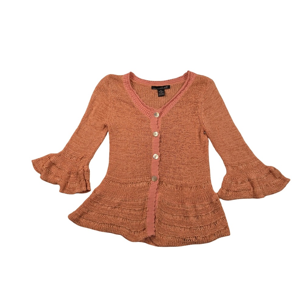 Willi Smith Peachy Peach Ruffle Bell Sleeve Knit Cardigan Sweater Small Fall